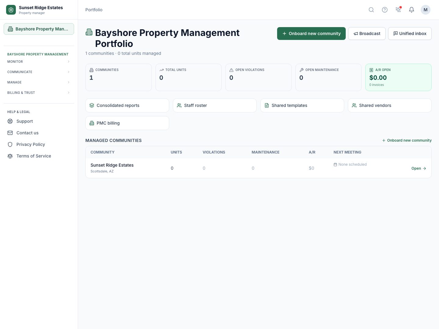 Management firm portfolio: rolled-up communities, units, violations, maintenance, and A/R across the book