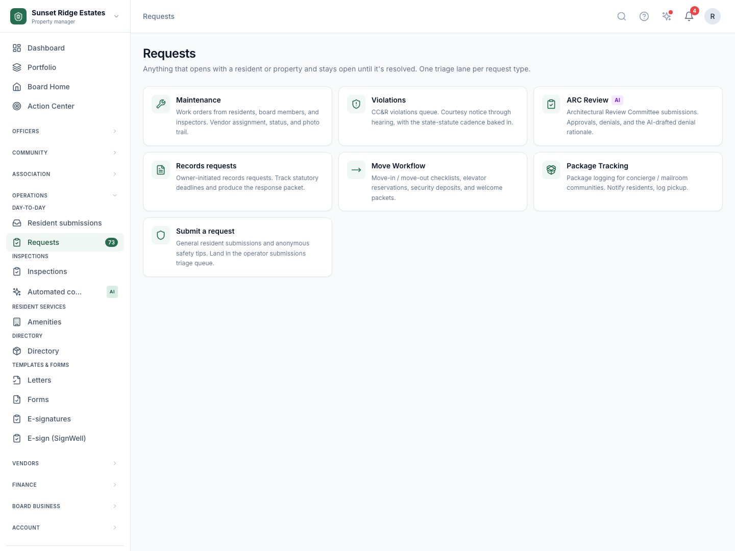 Property manager requests hub: maintenance, violations, ARC review, records requests, move workflow